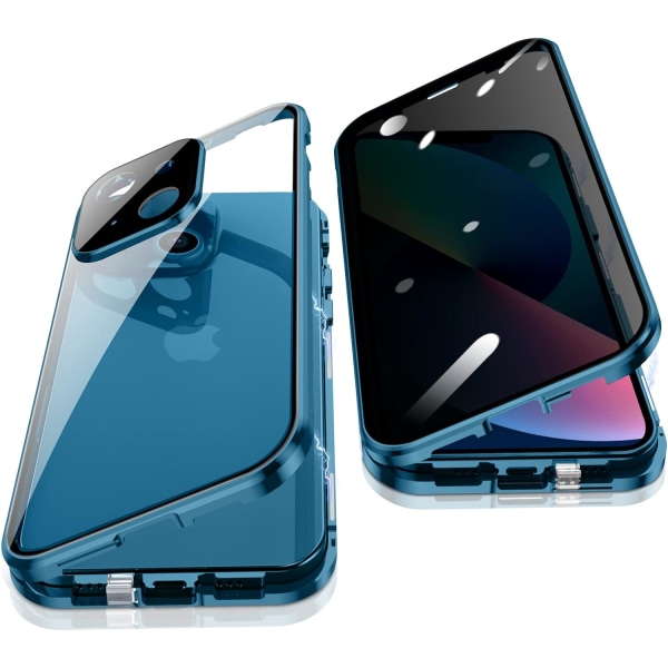 Anti Peepg-deksel for iPhone 13 (6.1"), 360 graders for- og bakside herdet gla-deksel, Anti-SPY-skjerm, Anti Peep magnetisk adsorpsjon metallblå