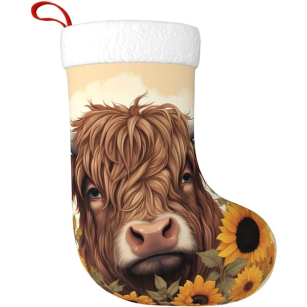 Highland Cow Solrosor Julstrumpor 17,7 tum, Mjuka Julstrumpor Klassiska Presenthållare för Festlig Semesterbraskamin Dekorationer Familj