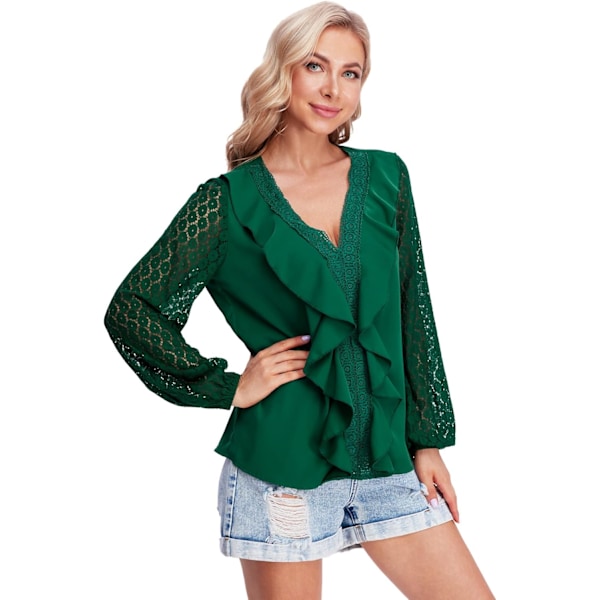 Guipure Blonde Ruffle Trim Langærmet Bluse V-hals Solid Top Skjorte til Kvinder