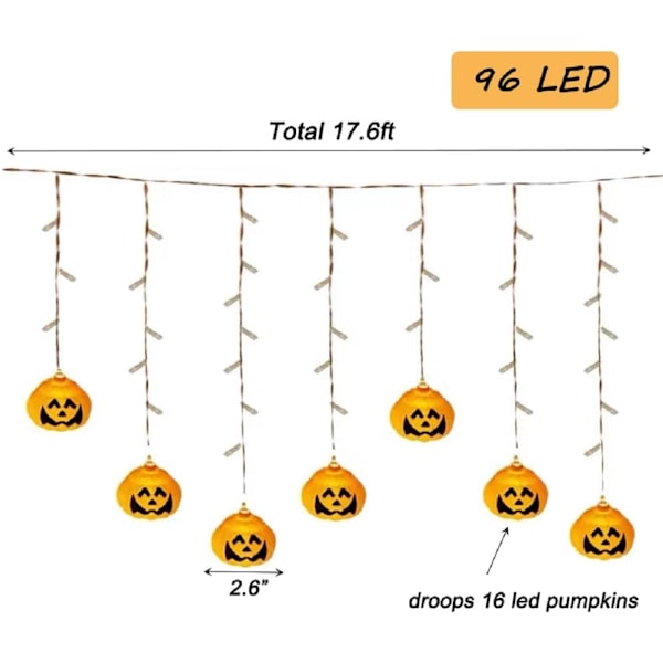 Halloween-lampor, 96 LED 17,6 fot pumpa solcellslingor 8 lägen för utomhus inomhus gård uteplats jul fest semester höstdekor