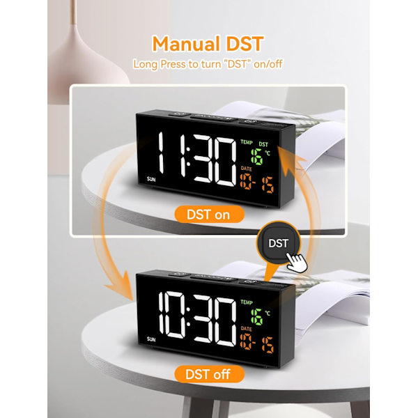 Digital väckarklocka med datum, temperatur och veckodag, manuell sommartid, snooze, 2 larm, 4 volymer, sängbordsur för vardagsrum