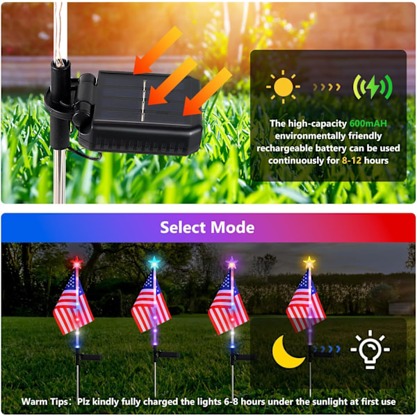 4. juli dekorative solcelledrevne amerikanske flagglys 4. juli solcelledrevne patriotiske flagglys, 2 moduser hagepællys LED landskapslys gate 2