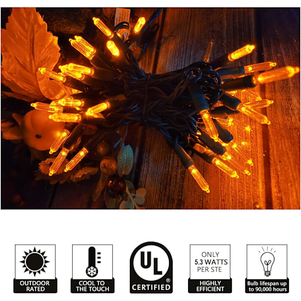 Juleoransje lyslenke T5 50 LED Halloween-lys, 120V UL, plugg inn T5 julelyssett 17ft grønn ledning koblingsbar for utendørs og innendørs