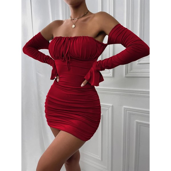 Off The Shoulder Ruched Minikjole - Lang Arm, Knute foran, Clubwear