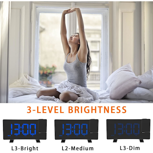 Projektion för sovrum med radio, 8” böjd skärm LED digital klocka stor display, USB-laddningsport, automatisk dimmer, snooze, dubbel väckarklocka