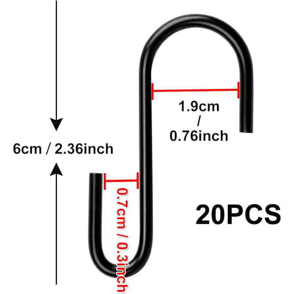 20 stk sorte S-kroker for oppheng - Heavy Duty rustfritt stål