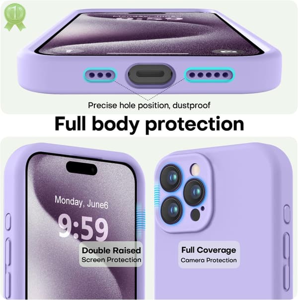 Premium silikonecover til iPhone 15 Pro Max med mikrofiberfor, stødsikkert - Lilla