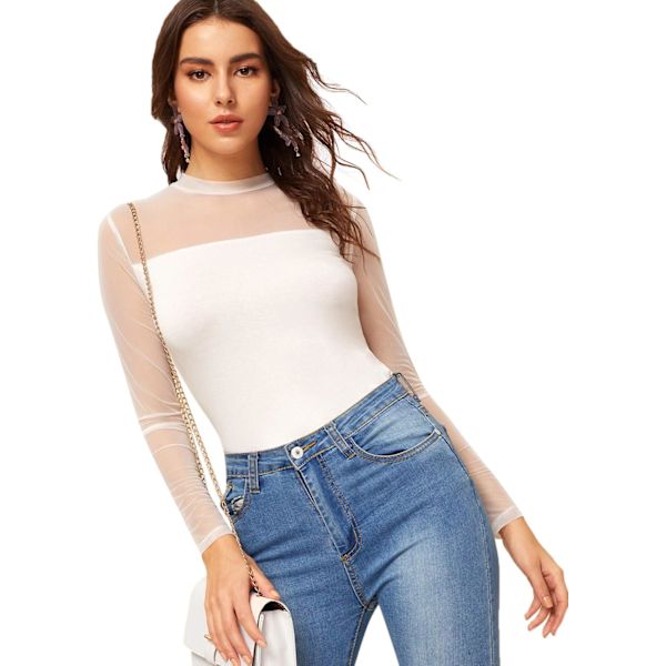 Kvinnors Mock Neck Långärmad Mesh Infoga Elegant Blus Toppar