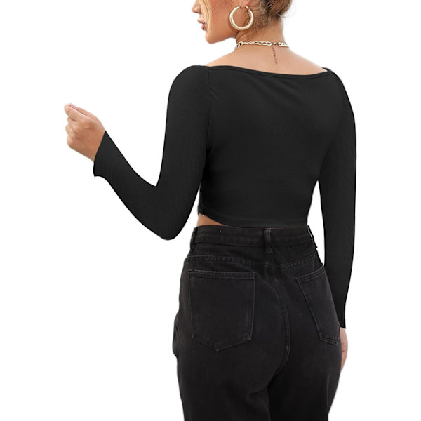 Kvinnors långärmad ribbad stickad Crop Top Scoop Neck