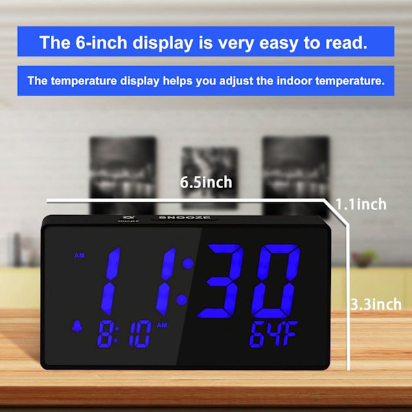Skrivebords digital alarmklokke for soverom, blå 6\" LED-skjerm, med USB-port for lading, 000 % lysstyrke dimmer, temperatur, slumre, justerbar