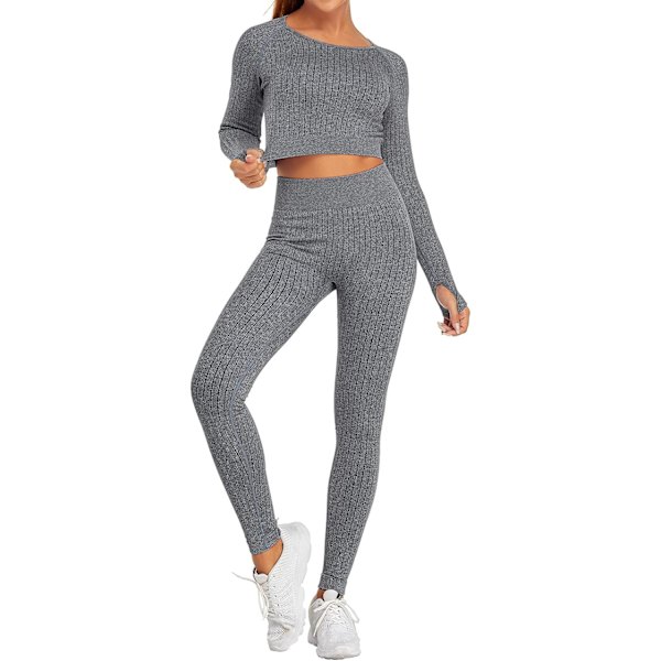 Sömlös yogasett 2 delar för kvinnor långärmad träningskläder gym crop tops