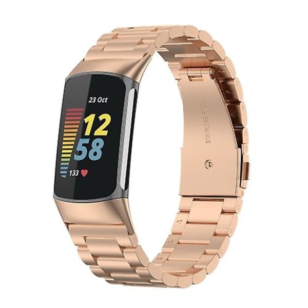 För Fitbit Charge 5 Tre-pärlor Rostfritt Stål Klockarmband TET Rose Gold