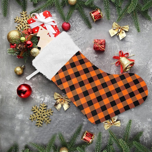 Jule-Strømpe, Personlige Jule-Strømper 2-pak Orange Buffalo Plaid 45,7 cm Jule-Strømper Hængende Ornament Pejs til Trædekoration