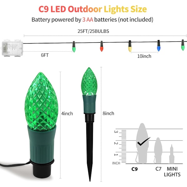 C9 Jul utomhus ljusslinga, 25 fot 20 LED jordgubbsbatteridriven ljusslinga med fjärrkontroll och timer, vattentät flerfärgad hängande