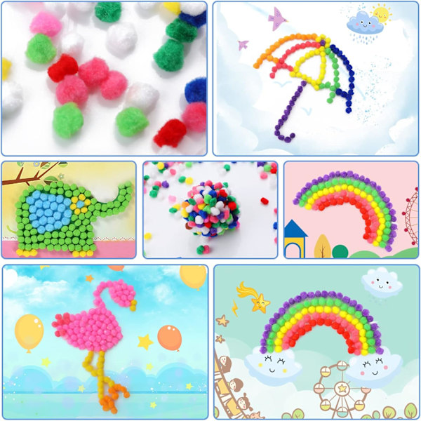 1000 st Pompoms för pyssel - Flerfärgade regnbågsfärgade pompombollar