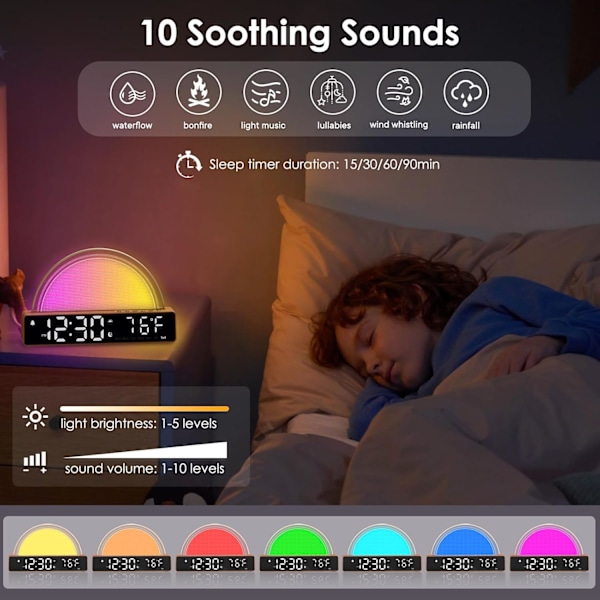 Soloppgang Vekkerklokke, Vekkelysstimulator, Sengelampe Fargenattlys med USB-lader, Søvnhjelp, Høy Sollys Vekkerklokke for