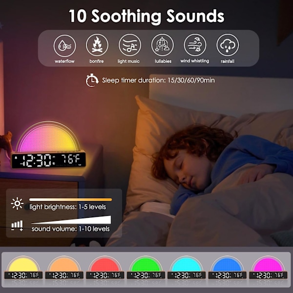 Soluppgångslarm, väckarklocka med soluppgångssimulator, sänglampa med färgat nattljus och USB-laddare, sömnstöd, högt solljuslarm för