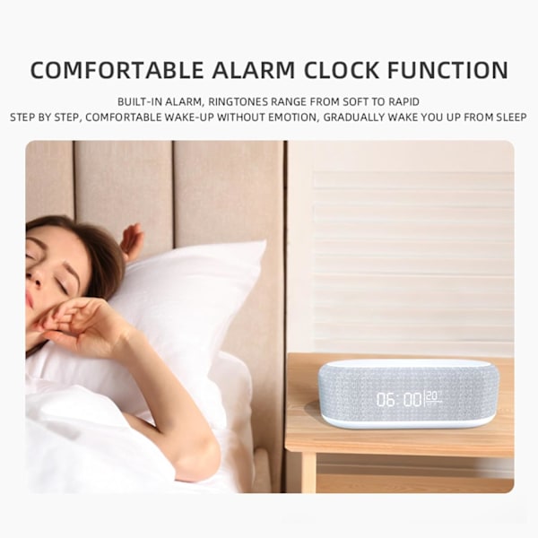 Bluetooth-højttaler med trådløs opladning, dobbelt vækkeur, 3 niveauer lysstyrke, sengelampe, digitalt ur 12/24 timer, 6 i 1 trådløs opladningsstation