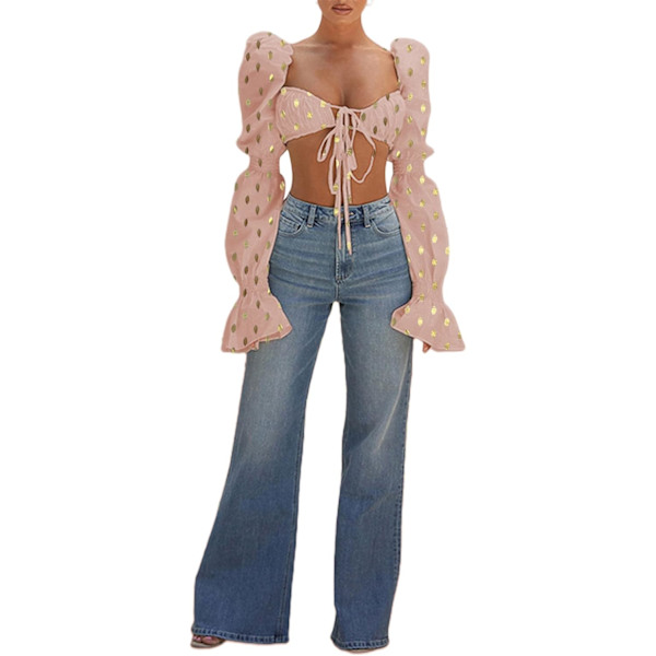Kvinde Sexet Selvbinder Foran Rynket Puff Langærmet Crop Top Bluse