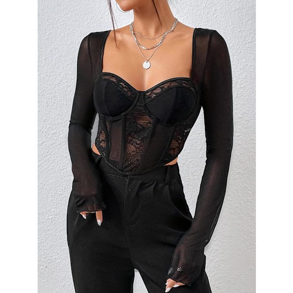 Kvinners Sweetheart Neck Sheer Mesh Langærmet Bustier