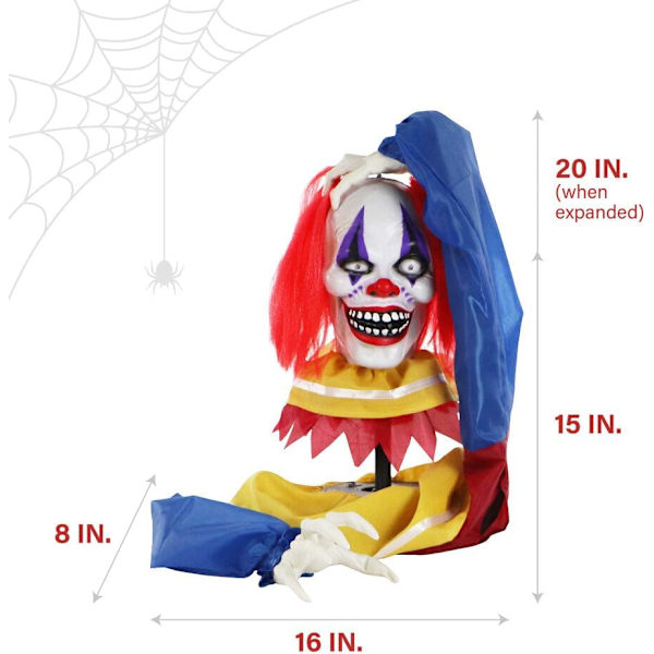 Haunted Hill Farm Pop-Up Talking Clown Head med lysende øjne, berøringsaktiveret animatronik til skræmmende borddekoration, uhyggelig 14\" klovn