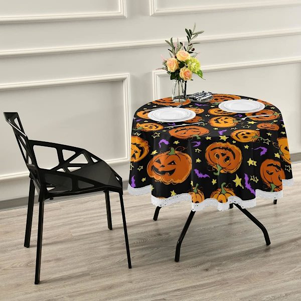 Halloween Græskar Lilla Flagermus Dugdug Lilla Efterår Orange Stjerner Rund Dugdug Circar Dugdug Klæde Klæder Vaskbar Polyester Bordløber til Pu