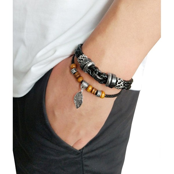Flerskiktat justerbart läder flätat armband kors armband blad handled