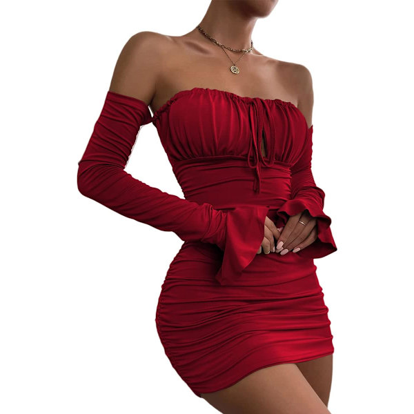 Off The Shoulder Ruched Minikjole - Langærmet, Bindebånd Foran, Clubwear