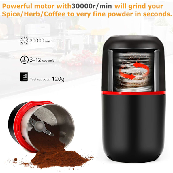 Elektrisk kaffekvarn, kompakt bönkvarn/mixer för kryddor, mat, nötter, örter - Svart, 85-120 gram kapacitet - Inkluderar rengöringsborste