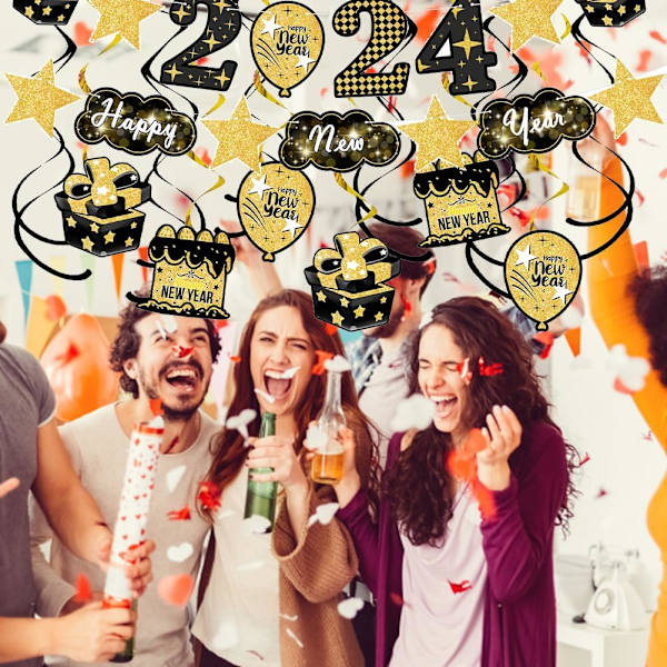 Nyttårsdekorasjon 2024 Hengende virvler og banner - Svart og gull festdekorasjon i taket