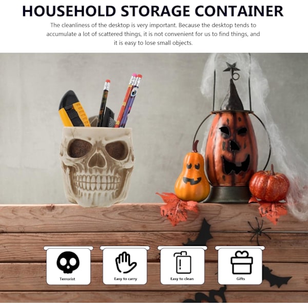 Kranium n penneholder kop resin skelet makeup børsteholder bord kontor skrivebord opbevaringsboks til hjemmekontor dekoration Halloween beige beige
