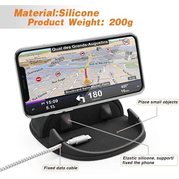 Biltelefonholder - Silikonmatte for dashbord, sklisikkert stativ for iPhone, Samsung & Android (Svart)