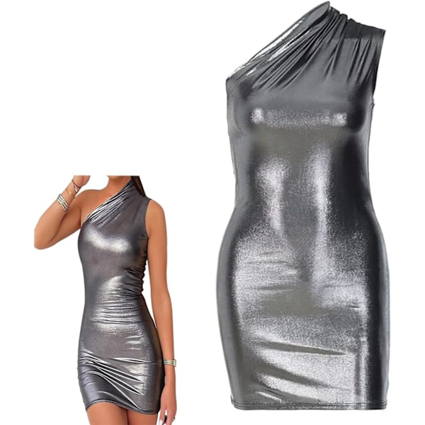 Shiny Metallic One Shoulder Club Mini Dress - Sleeveless, Pu Leather