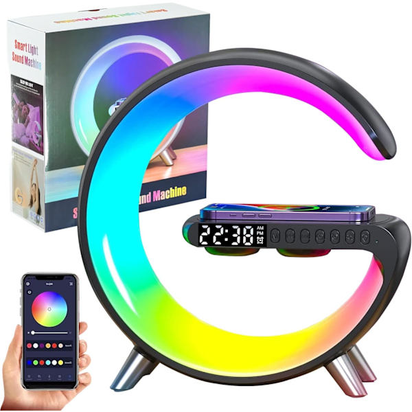 Vækkeur med trådløs opladning Bluetooth-højttaler, G-formet 4 i 1 trådløs oplader natlyslampe, intelligent LED-bordlampe, smart sort