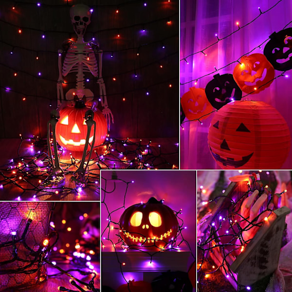 Orange og lilla Halloween solcellelyskæde 72ft x 2 pakker 200 LED 8 tilstande vandtætte solcellelyskæder til have, terrasse, hegn, altan,