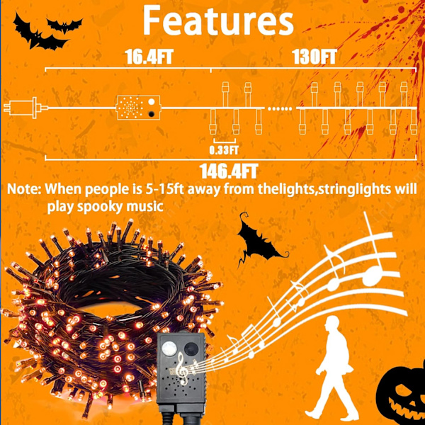 LED-lysslynger med skummel musikk, bevegelsessensor Halloween-lys utendørs vanntett oransje lys med lyder for Halloween-dekorasjon jul