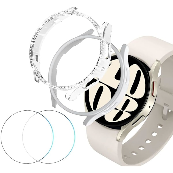 [2+2 Pakke] Herdet Glass Deksel Kompatibelt med Galaxy Watch 6 40mm, Bling Diamant + PC Matt Beskyttelsesdeksel + Herdet Glass Skjermbeskytter,
