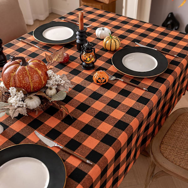 Halloween Rutete Bordsduk Rektangel - Oransje Buffalo Plaid Høst Bordsduker, Flekkbestandig Vaskbar Bordduk for Spising/Fester/Høytid