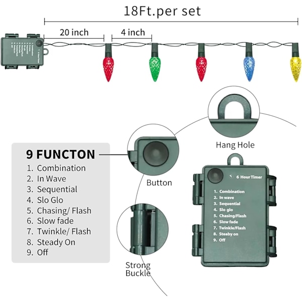 C6 batteridrevne julelys, 50 LED 17FT julelys med 8 moduser, vanntett juledekorasjon for juletre Wresth Garland