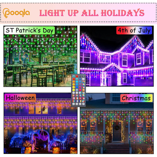 Färgväxlande istappsljus med 44 knappars fjärrkontroll, jul LED istappsljus utomhus, 240 LED 23 FT RGB vattentäta hängande ljusslingor för RGB
