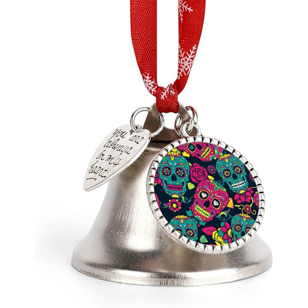 Sockerdödskalle på de dödas dag Silver Bell Ornament Julgransbjäller med rött snöre Metall Xmas Hängande dekorationer för semesterfest