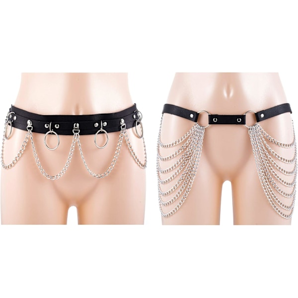 2PCS Punk Midja Bälte Kedja för Kvinnor Läder Skiktad Kroppskedja