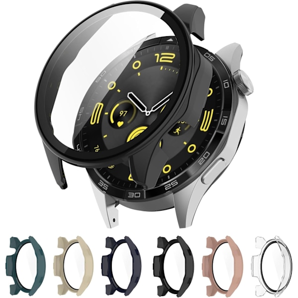 Yhteensopiva Huawei Watch GT4 46mm:n kanssa, täysi suojaava PC-kotelo karkaistulla lasisella näytönsuojalla (46mm musta) Musta 46mm