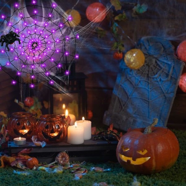 Halloween-dekorasjoner edderkoppnettlys, 70 LED-edderkoppnettlys for Halloween-dekorasjon innendørs utendørs vanntett, edderkopp LED-lys batteri lilla