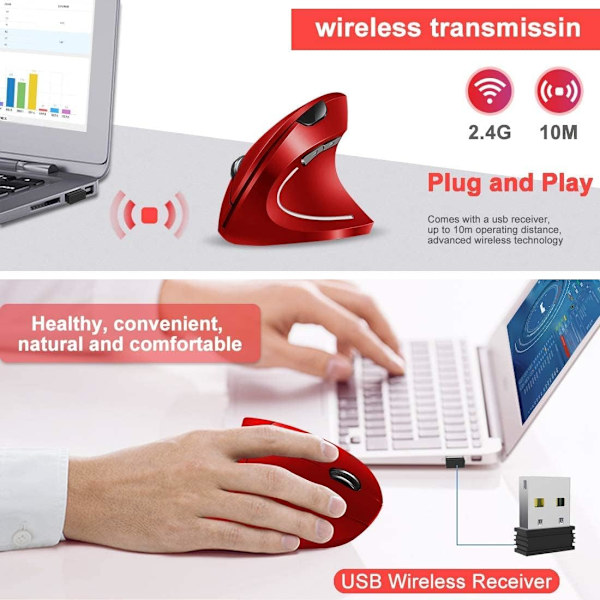 Ergonomisk oppladbar trådløs mus. 2,4Hz oppladbar