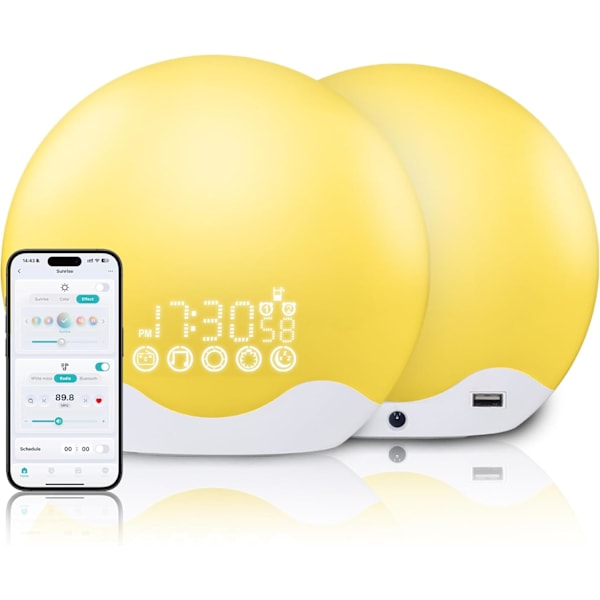 Smart Sunrise Väckarklocka Wake Up Light för tunga sovare, Soluppgång/Solnedgångssimulering, 12 färger, 7 naturliga ljud, Dubbelalarm, FM-radio, Multi