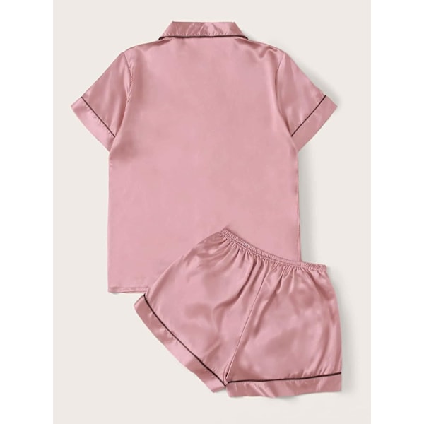 Dam satin pyjamas med knappar framtill, kortärmad 2-delad pyjamas