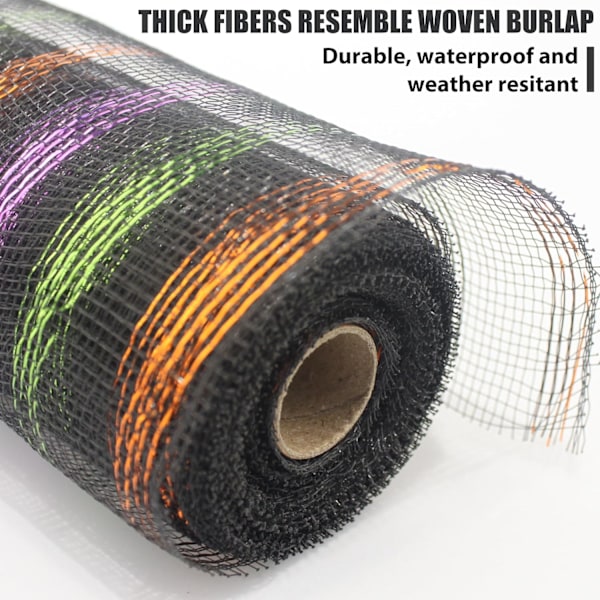 Deco Mesh 10 tommer x 30 fod, sort mesh stof med farverig metallisk folie,