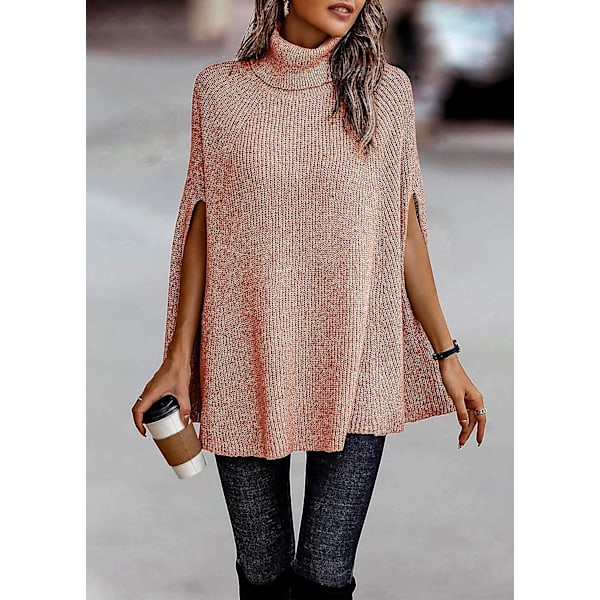 Dam Poncho Tröja med Hög Hals Höst Vinter 2023 Mode Grovstickad Cape Wrap Tröjor Pullover Jumper Toppar Orange Red Large