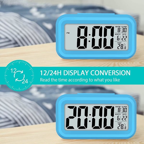 Vækkeur LED Digitalt Stort Display Snooze Nattelys Batteriur med Dato Kalender Temperatur til Hjemmekontor Rejse Soveværelse Skrivebord (Blå)